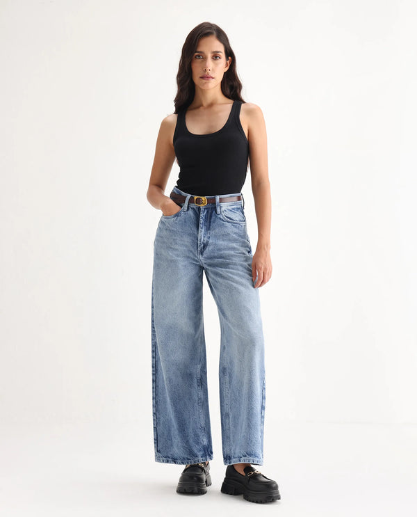 Rareism Women Kikoa Light Blue Cotton Fabric Plain Jeans