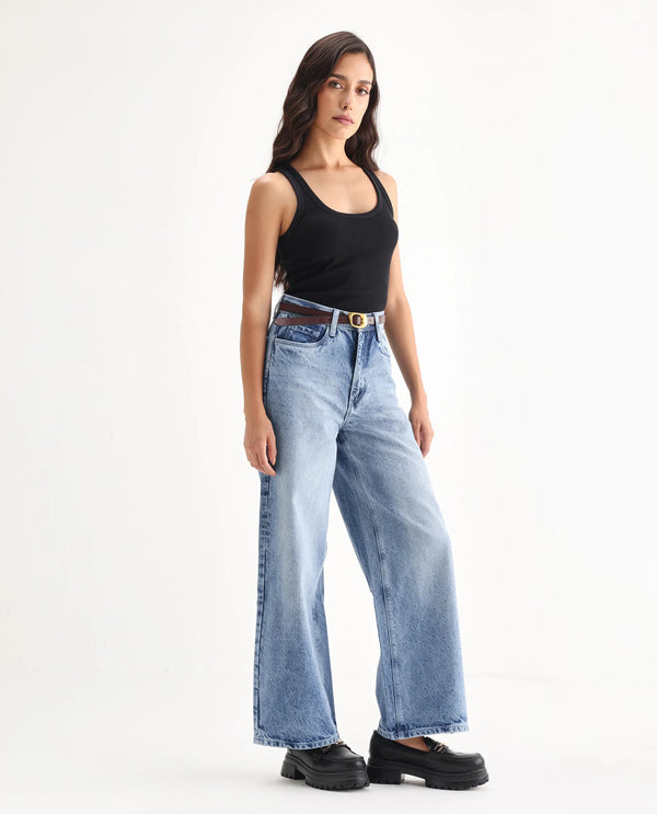 Rareism Women Kikoa Light Blue Cotton Fabric Plain Jeans