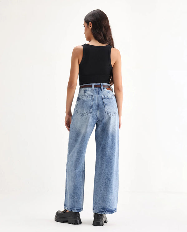 Rareism Women Kikoa Light Blue Cotton Fabric Plain Jeans