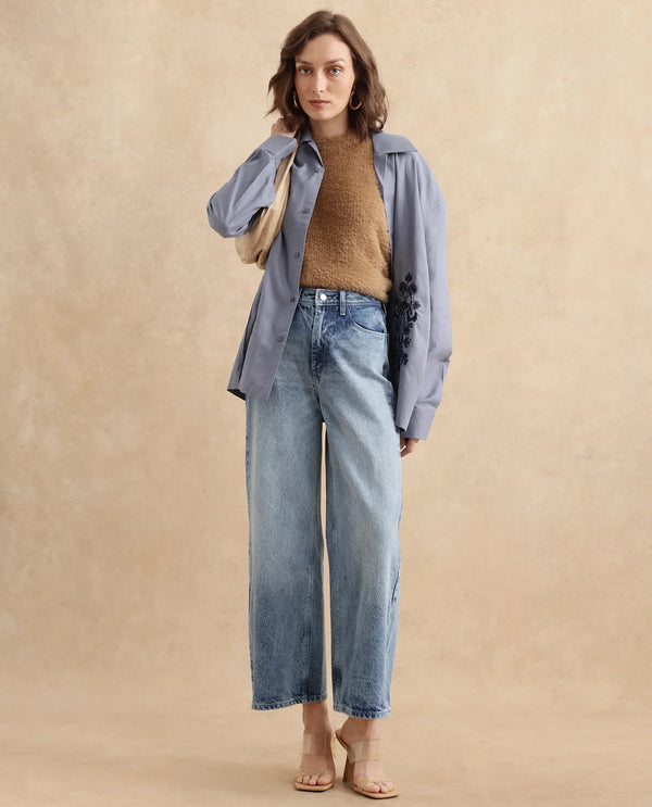 Rareism Women Kikoa Light Blue Cotton Fabric Plain Jeans