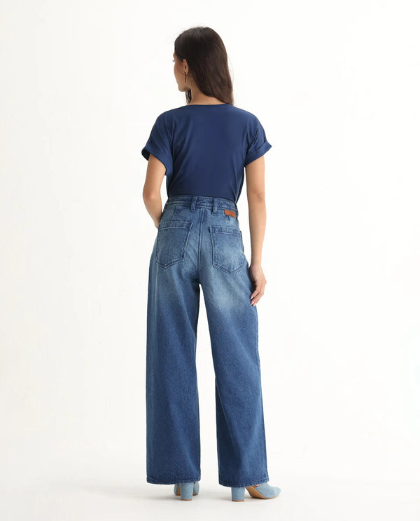 Rareism Women Kikoi Blue Cotton Fabric Plain Jeans