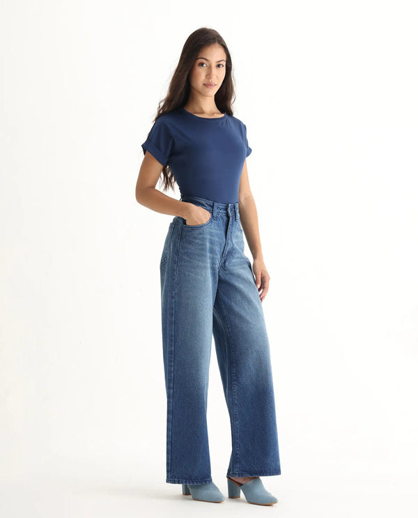 Rareism Women Kikoi Blue Cotton Fabric Plain Jeans