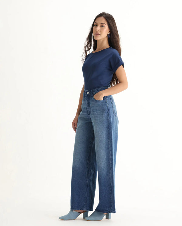 Rareism Women Kikoi Blue Cotton Fabric Plain Jeans