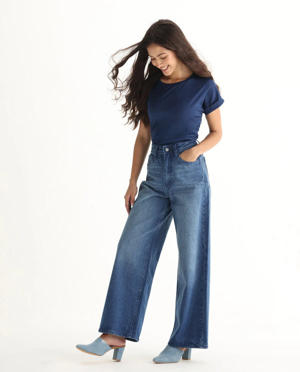 Rareism Women Kikoi Blue Cotton Fabric Plain Jeans