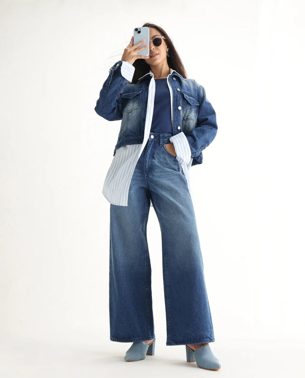 Rareism Women Kikoi Blue Cotton Fabric Plain Jeans