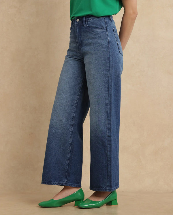 Rareism Women Kikoi Blue Cotton Fabric Plain Jeans
