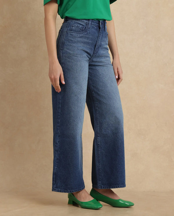 Rareism Women Kikoi Blue Cotton Fabric Plain Jeans