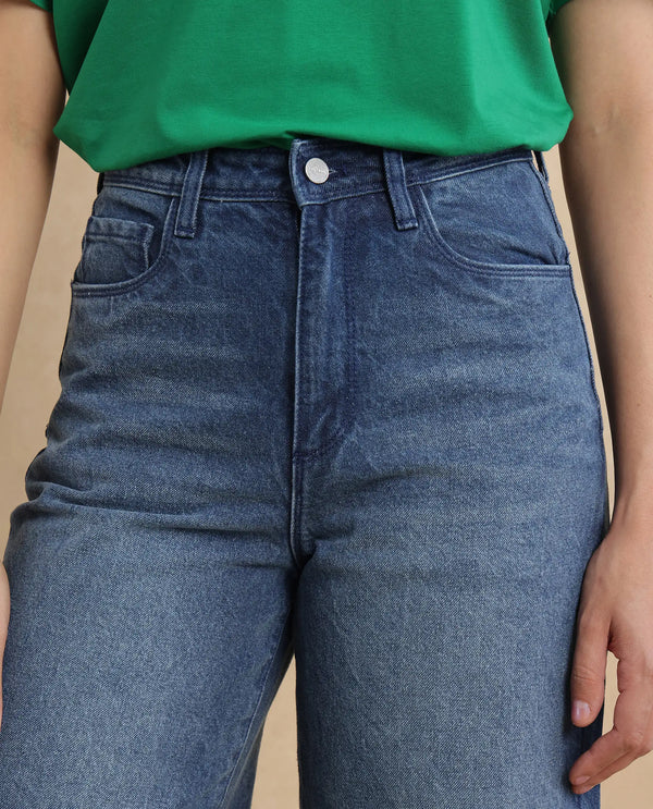 Rareism Women Kikoi Blue Cotton Fabric Plain Jeans
