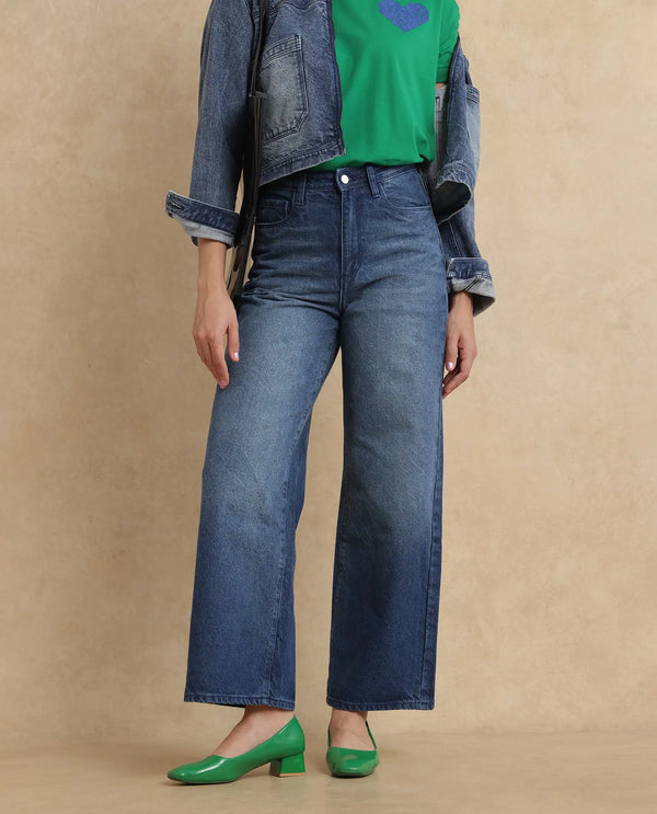Rareism Women Kikoi Blue Cotton Fabric Plain Jeans