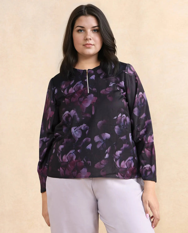Rareism Women Kiko Multi Polyester Fabric Volume Sleeve Round Neck Zipper Closure Floral Print Top