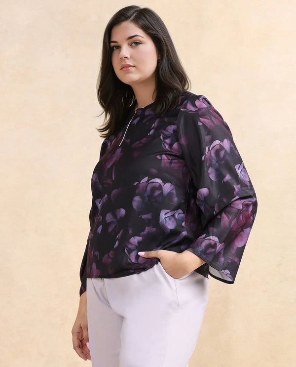 Rareism Women Kiko Multi Polyester Fabric Volume Sleeve Round Neck Zipper Closure Floral Print Top