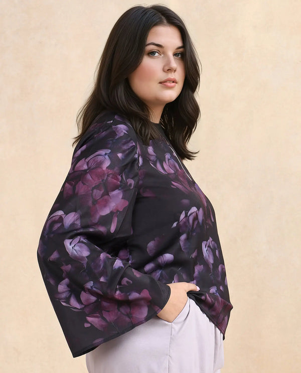 Rareism Women Kiko Multi Polyester Fabric Volume Sleeve Round Neck Zipper Closure Floral Print Top