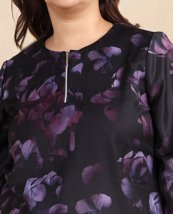 Rareism Women Kiko Multi Polyester Fabric Volume Sleeve Round Neck Zipper Closure Floral Print Top