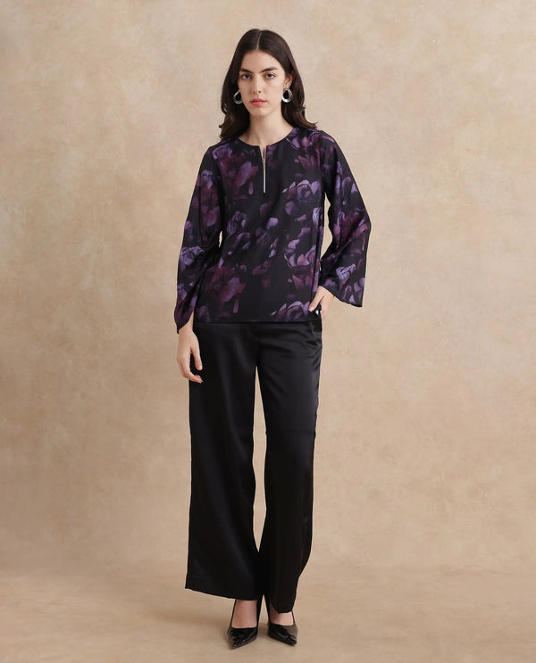 Rareism Women Kiko Multi Polyester Fabric Volume Sleeve Round Neck Zipper Closure Floral Print Top