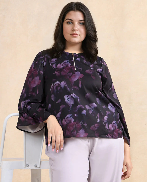 Rareism Women Kiko Multi Polyester Fabric Volume Sleeve Round Neck Zipper Closure Floral Print Top