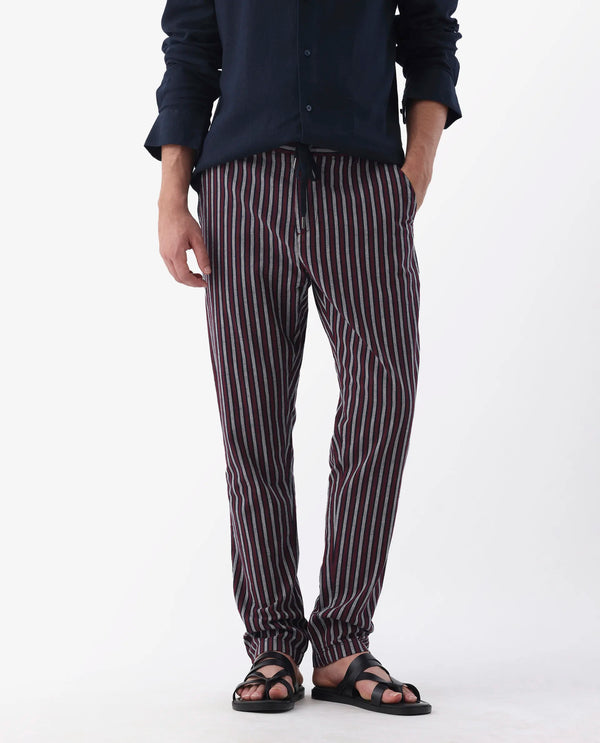 Rare Rabbit Mens Kimo Maroon Cotton Linen Blend Regular Fit Stripe Trouser