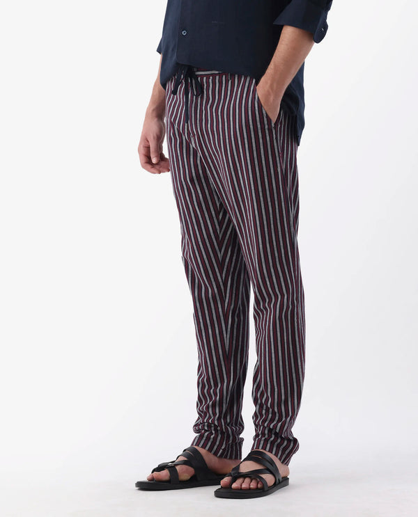 Rare Rabbit Mens Kimo Maroon Cotton Linen Blend Regular Fit Stripe Trouser