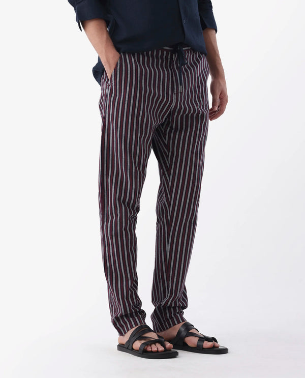 Rare Rabbit Mens Kimo Maroon Cotton Linen Blend Regular Fit Stripe Trouser