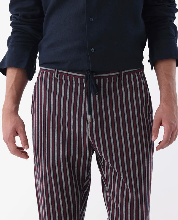 Rare Rabbit Mens Kimo Maroon Cotton Linen Blend Regular Fit Stripe Trouser