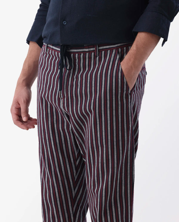 Rare Rabbit Mens Kimo Maroon Cotton Linen Blend Regular Fit Stripe Trouser