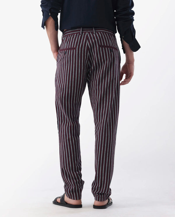 Rare Rabbit Mens Kimo Maroon Cotton Linen Blend Regular Fit Stripe Trouser