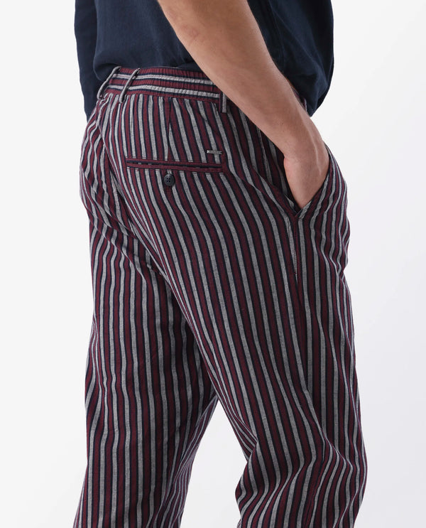 Rare Rabbit Mens Kimo Maroon Cotton Linen Blend Regular Fit Stripe Trouser