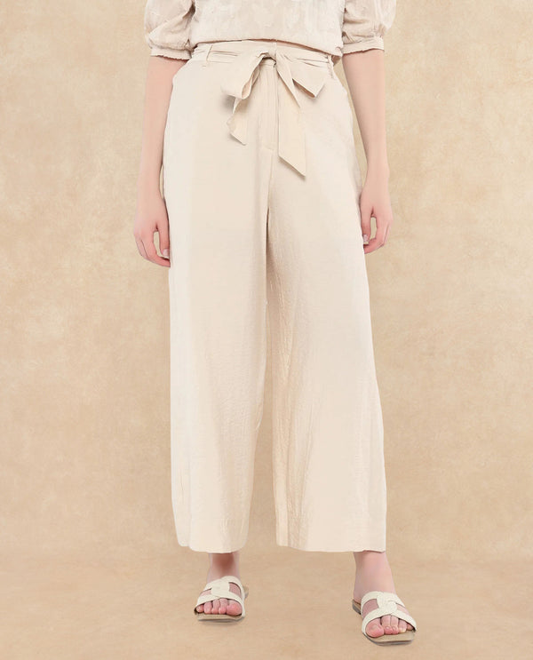 Rareism Women Kingko Beige Nylon Viscose Fabric Hook Closure Ankle Length Plain Trouser