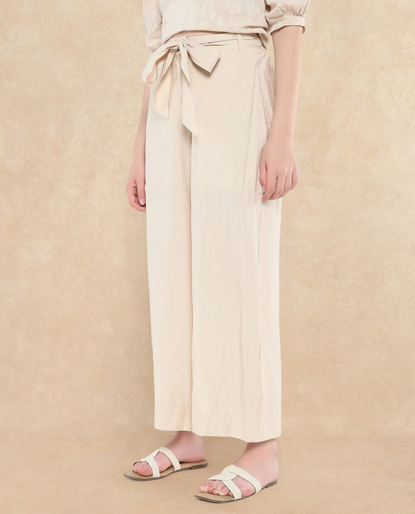 Rareism Women Kingko Beige Nylon Viscose Fabric Hook Closure Ankle Length Plain Trouser