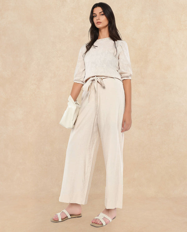 Rareism Women Kingko Beige Nylon Viscose Fabric Hook Closure Ankle Length Plain Trouser