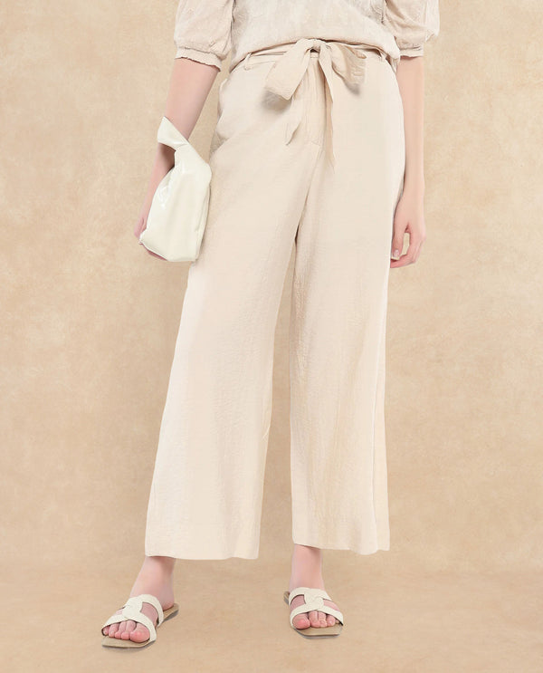 Rareism Women Kingko Beige Nylon Viscose Fabric Hook Closure Ankle Length Plain Trouser