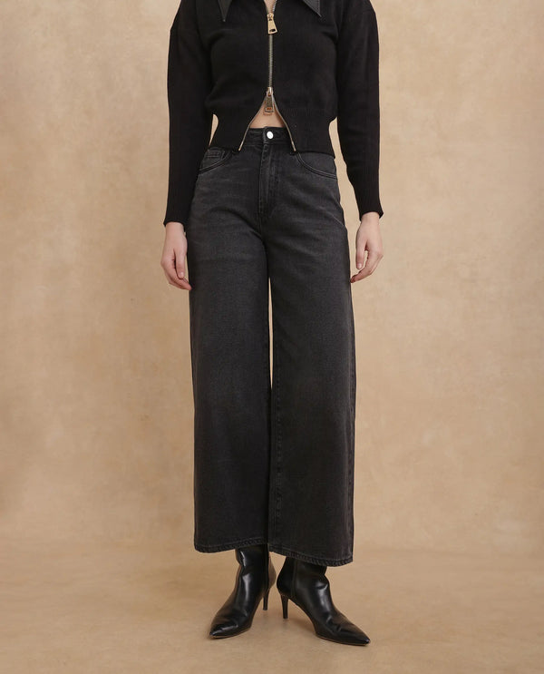 Rareism Women Kinzy Black Cotton Fabric Plain Jeans