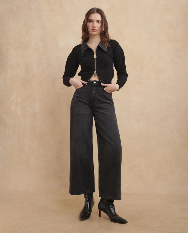 Rareism Women Kinzy Black Cotton Fabric Plain Jeans