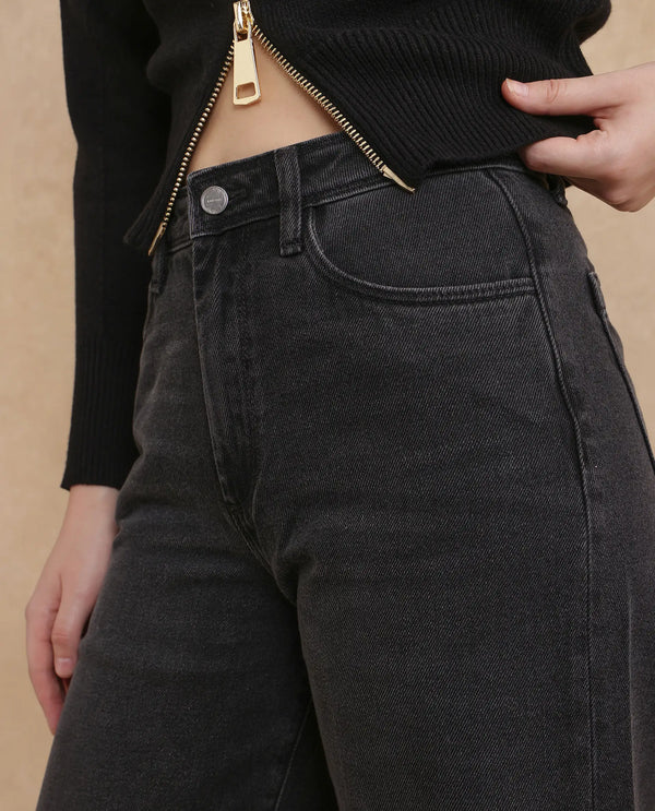 Rareism Women Kinzy Black Cotton Fabric Plain Jeans