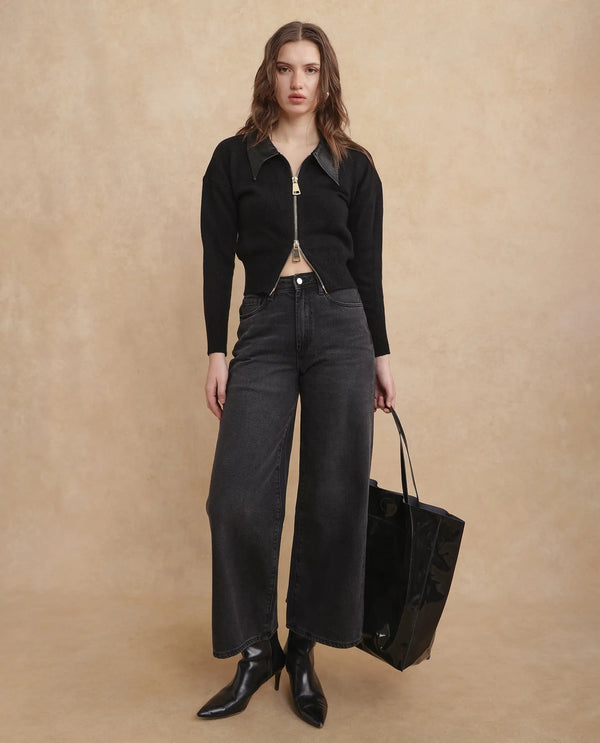 Rareism Women Kinzy Black Cotton Fabric Plain Jeans