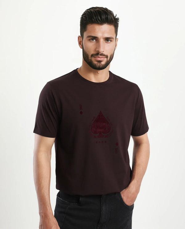 Rare Rabbit Men's Kend Dark Maroon Cotton Blend Fabric Full Sleeves Crew Neck Graphic Print Sweatshirt
