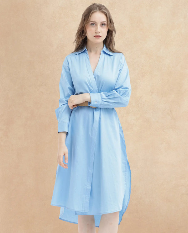 Rareism Women's Kiril Light Blue Cotton Fabric Johnny Collar Button Closure Cuffed Sleeve Plain Relaxed Fit Midi Dress