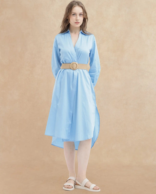 Rareism Women's Kiril Light Blue Cotton Fabric Johnny Collar Button Closure Cuffed Sleeve Plain Relaxed Fit Midi Dress