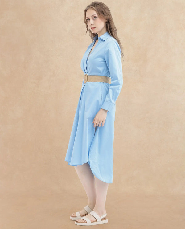 Rareism Women's Kiril Light Blue Cotton Fabric Johnny Collar Button Closure Cuffed Sleeve Plain Relaxed Fit Midi Dress