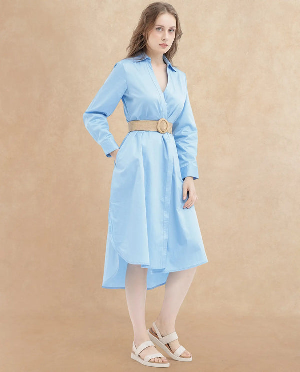 Rareism Women's Kiril Light Blue Cotton Fabric Johnny Collar Button Closure Cuffed Sleeve Plain Relaxed Fit Midi Dress