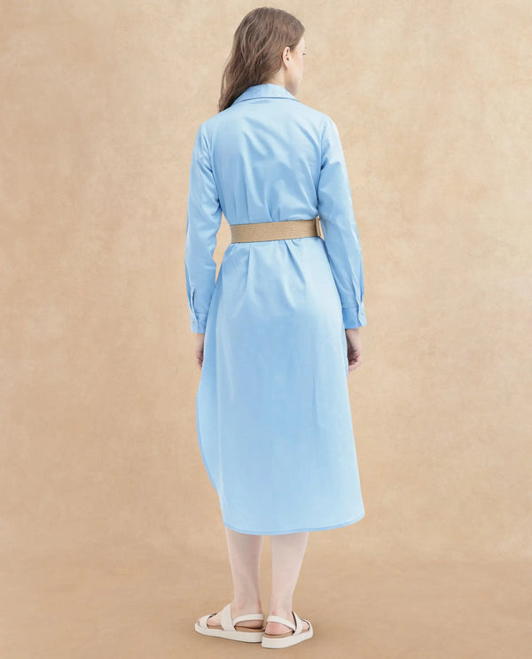 Rareism Women's Kiril Light Blue Cotton Fabric Johnny Collar Button Closure Cuffed Sleeve Plain Relaxed Fit Midi Dress