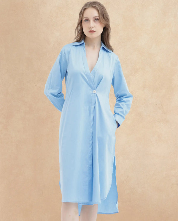 Rareism Women's Kiril Light Blue Cotton Fabric Johnny Collar Button Closure Cuffed Sleeve Plain Relaxed Fit Midi Dress