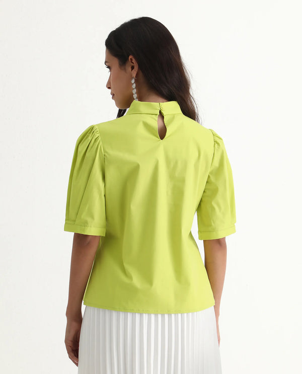 Rareism Women Kirv Green Cotton Blend Fabric Bishop Sleeve Tie Up Neck Button Closure Regular Fit Plain Top