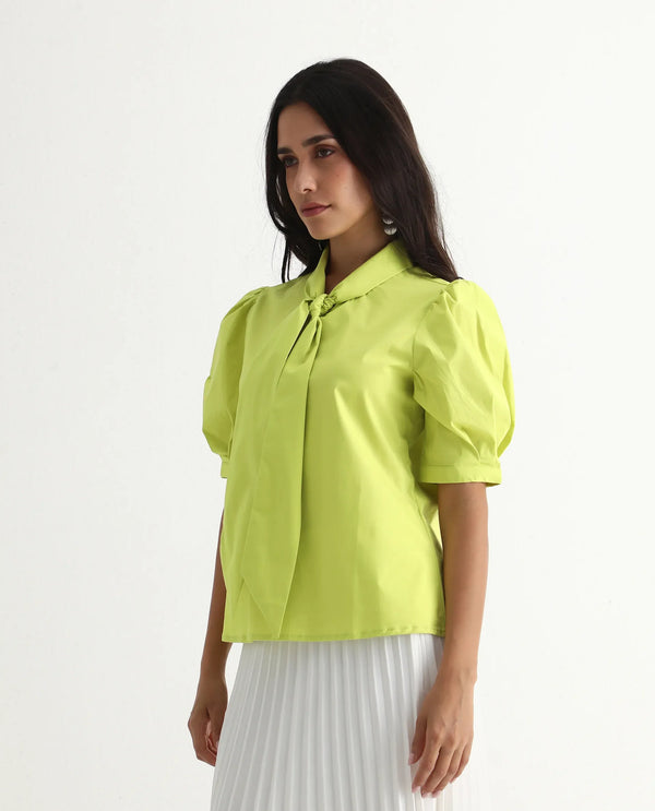 Rareism Women Kirv Green Cotton Blend Fabric Bishop Sleeve Tie Up Neck Button Closure Regular Fit Plain Top