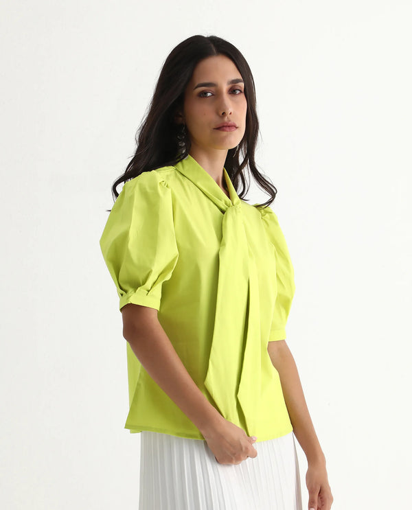 Rareism Women Kirv Green Cotton Blend Fabric Bishop Sleeve Tie Up Neck Button Closure Regular Fit Plain Top