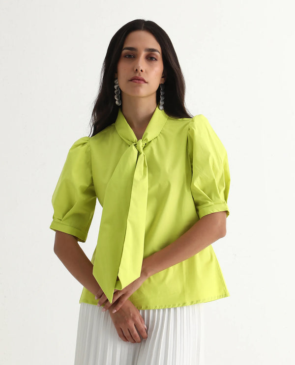 Rareism Women Kirv Green Cotton Blend Fabric Bishop Sleeve Tie Up Neck Button Closure Regular Fit Plain Top