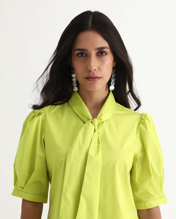 Rareism Women Kirv Green Cotton Blend Fabric Bishop Sleeve Tie Up Neck Button Closure Regular Fit Plain Top