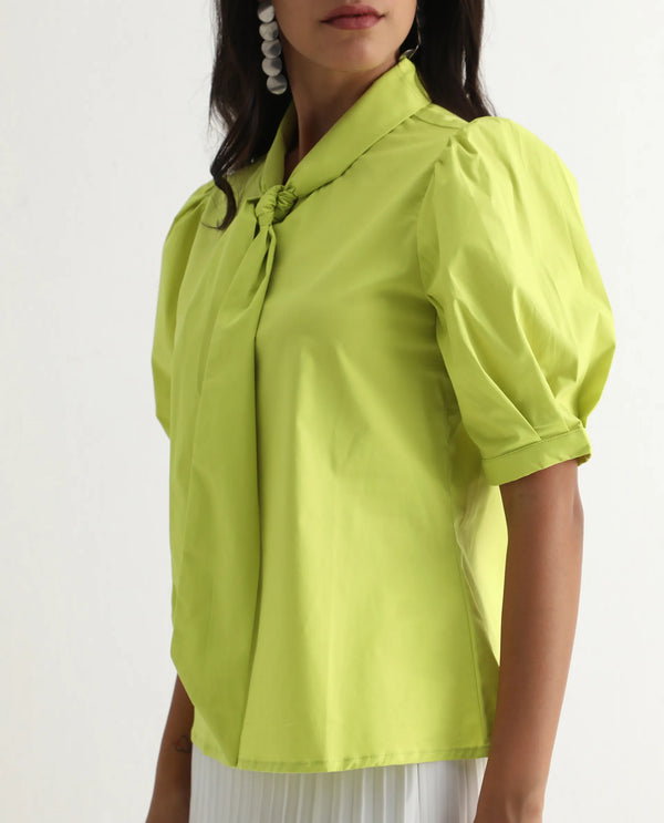 Rareism Women Kirv Green Cotton Blend Fabric Bishop Sleeve Tie Up Neck Button Closure Regular Fit Plain Top