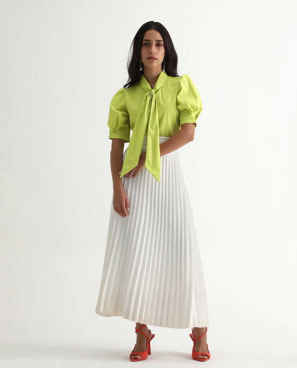 Rareism Women Kirv Green Cotton Blend Fabric Bishop Sleeve Tie Up Neck Button Closure Regular Fit Plain Top
