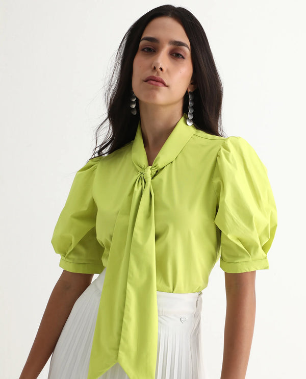 Rareism Women Kirv Green Cotton Blend Fabric Bishop Sleeve Tie Up Neck Button Closure Regular Fit Plain Top