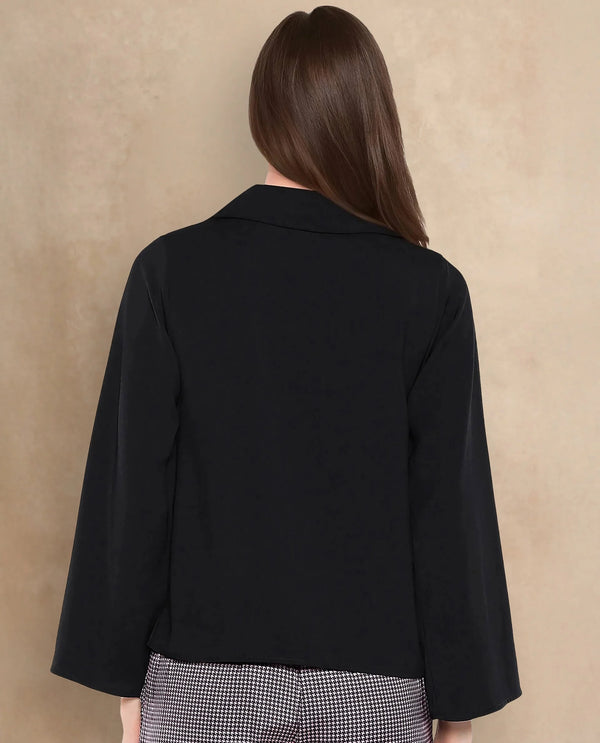 Rareism Women Klamma Black Satin Full Sleeve Jonny Collar Plain Top